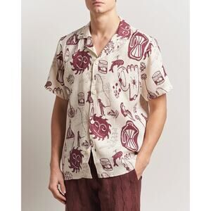 OAS Cuba Linen Cantina Scribble Print Beige Shirt XL NEW Short Sleeve Button Up